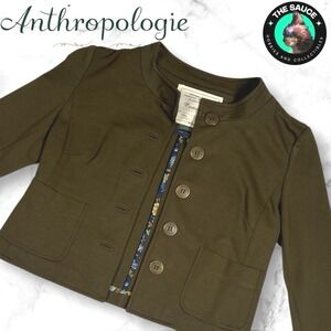 Anthropologie Cartonnier Olive Button Front Crop Womens M Military Blazer Jacket